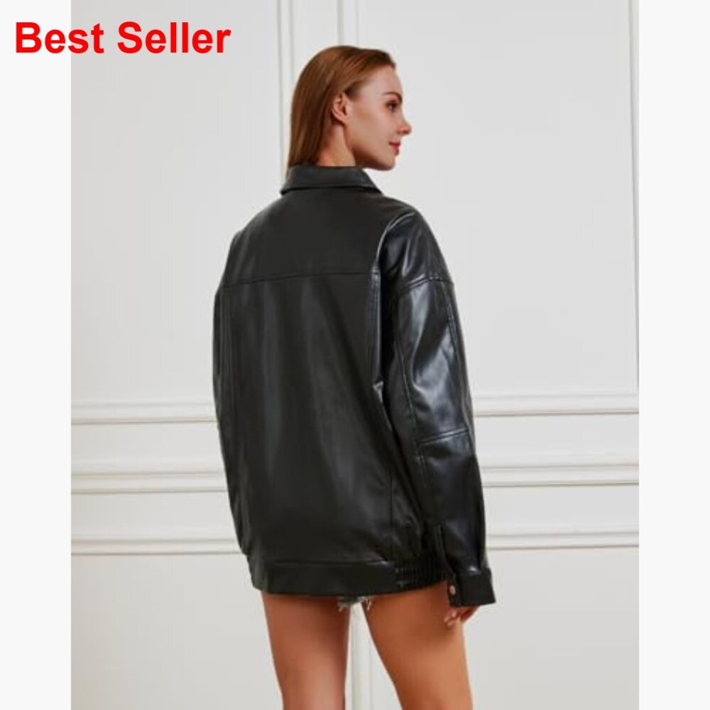 Oversized Faux Leather Jacket Women Motorcycle Coat Fall Winter - Picture 3 of 7